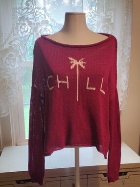 Wooden Ships Magenta Pink Off-the-Shoulder 'CHILL' Knit Sweater Size S/M